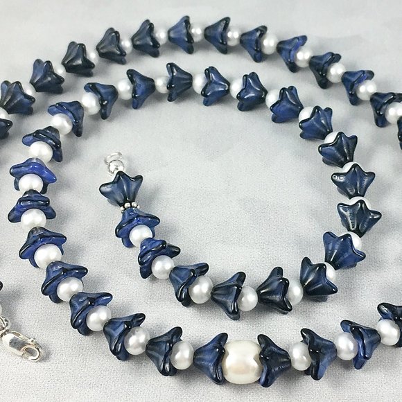 GOOD MORNING GLORY NECKLACE CZECH BEADS FRESHWATER PEARLS STERLING - Picture 2 of 7